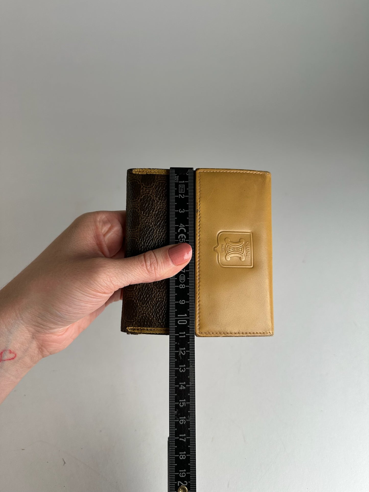Vintage Celine Paris Triomphe Monogram Leather Wallet Brown Beige