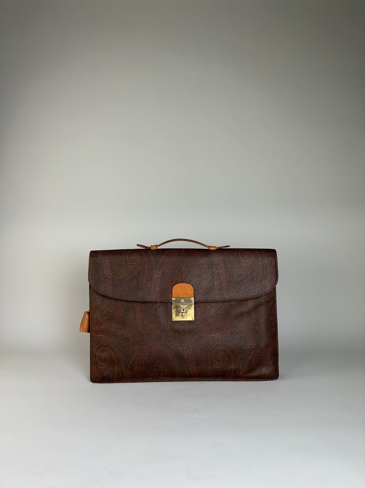 Vintage Etro Paisley Leather Briefcase Brown Rust Gold
