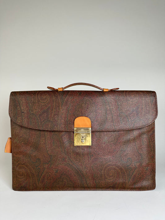 Vintage Etro Paisley Leather Briefcase Brown Rust Gold