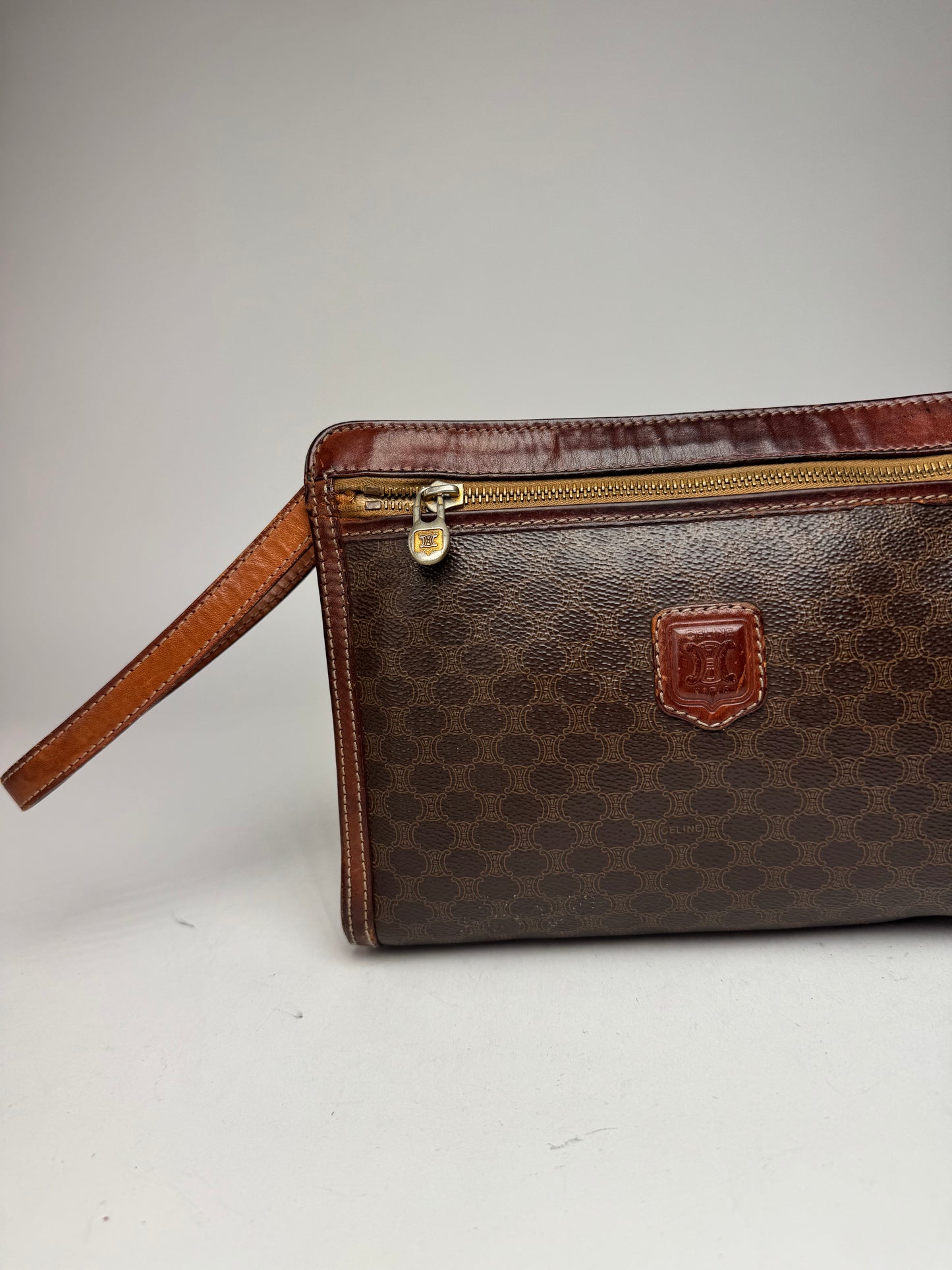 Vintage Celine Paris Leather Monogram Clutch Brown