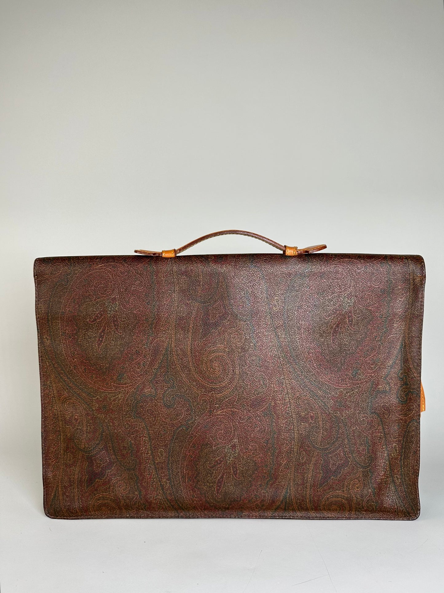 Vintage Etro Paisley Leather Briefcase Brown Rust Gold