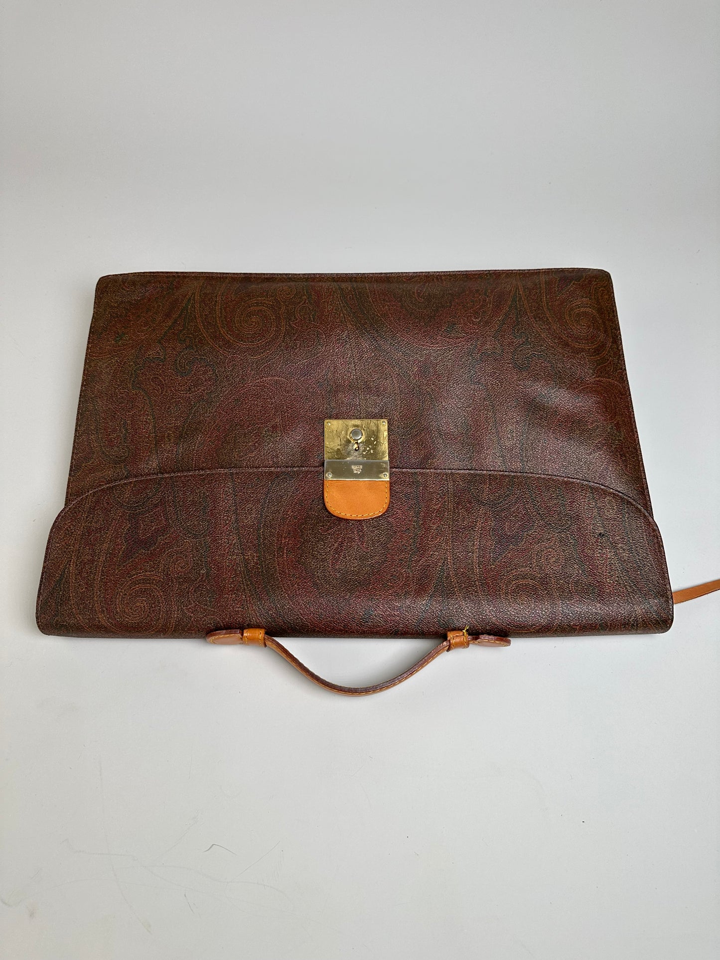 Vintage Etro Paisley Leather Briefcase Brown Rust Gold
