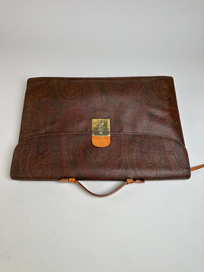 Vintage Etro Paisley Leather Briefcase Brown Rust Gold