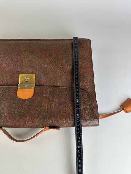 Vintage Etro Paisley Leather Briefcase Brown Rust Gold