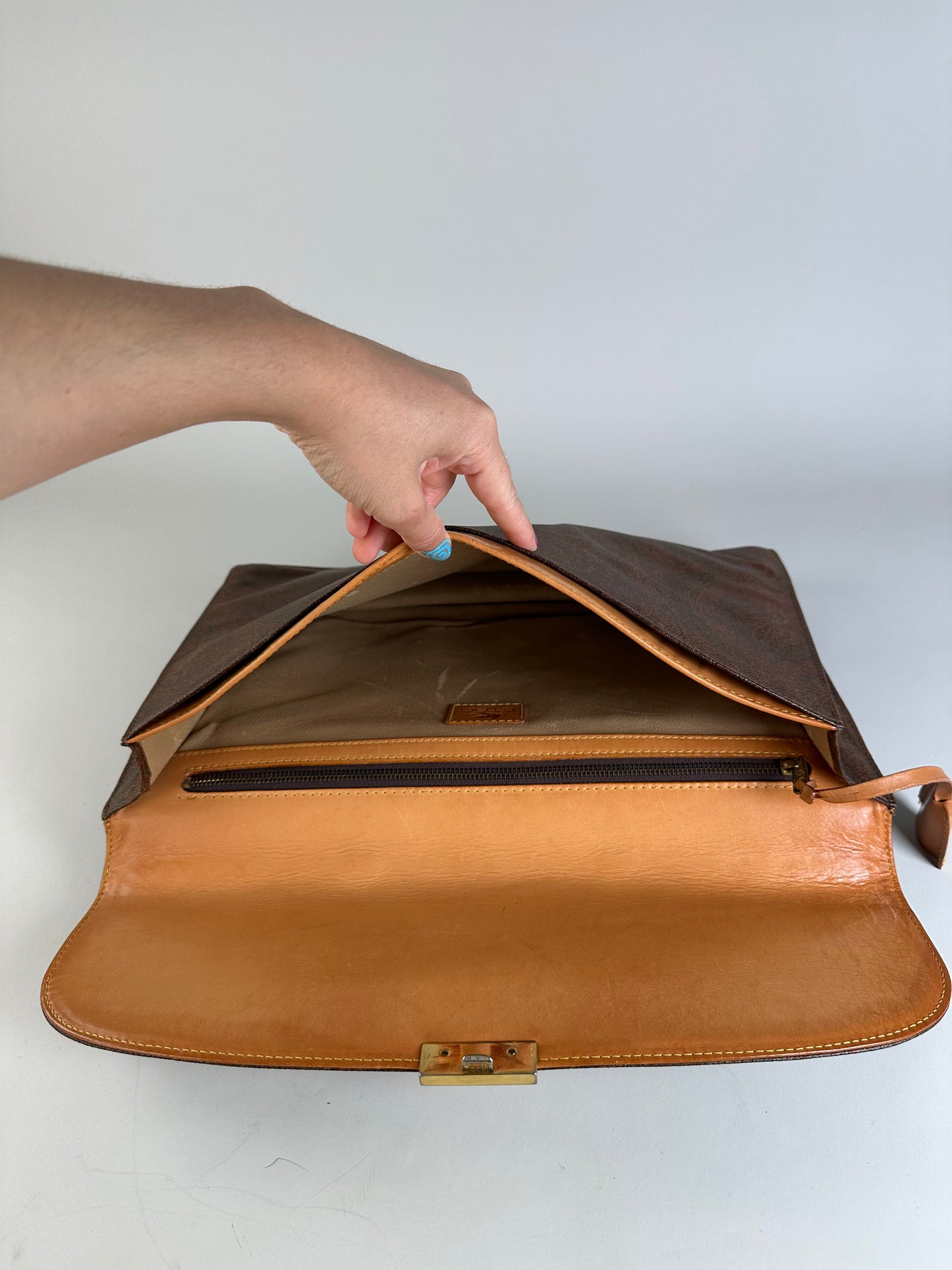 Vintage Etro Paisley Leather Briefcase Brown Rust Gold