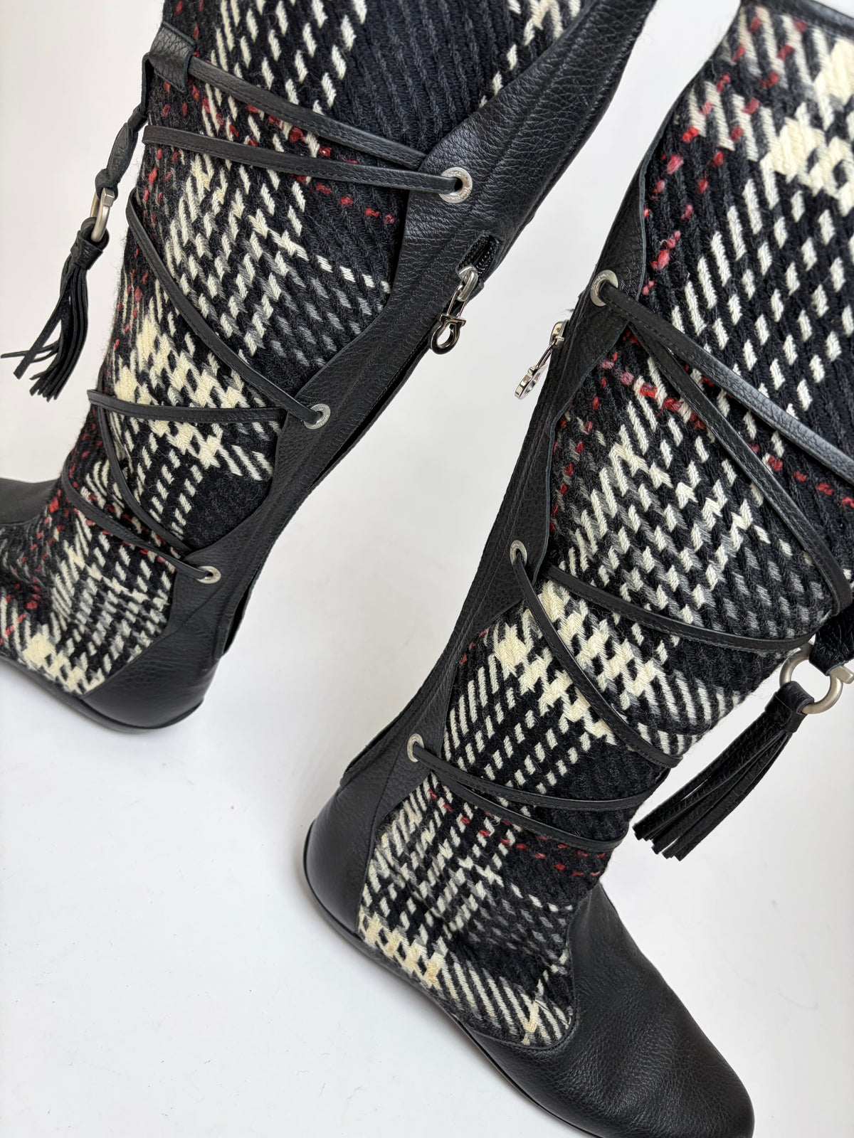 Vintage Salvatore Ferragamo Plaid Leather Knee-High Boots c. 2010 Black Cream Red EU38