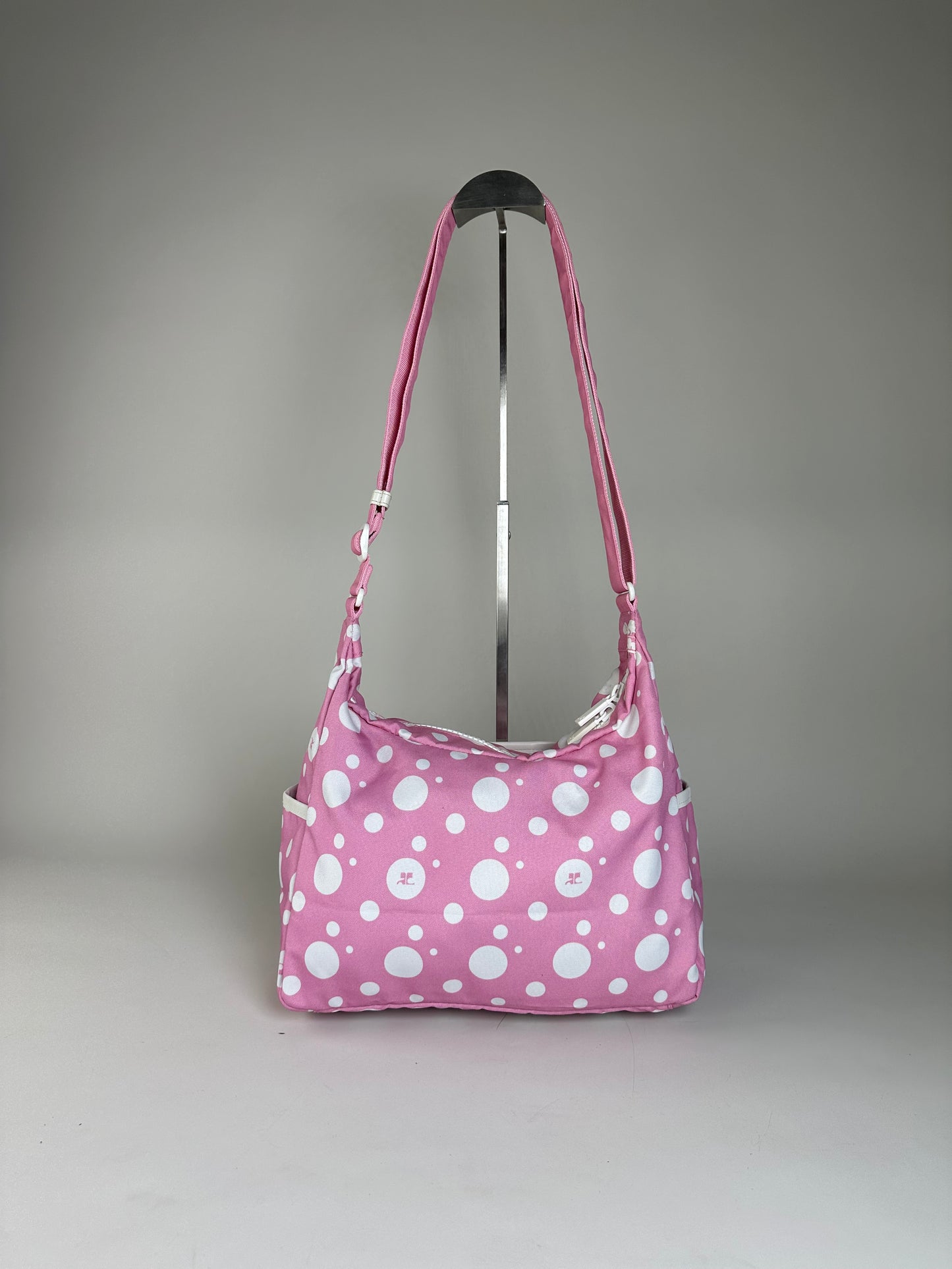 Vintage Courreges Polka Dot Nylon Hobo Bag Pink White