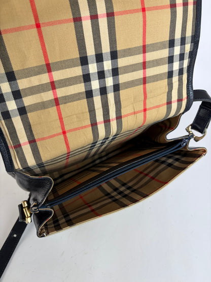 Vintage Burberrys Flap Crossbody Bag c. Late 1980s Black Beige
