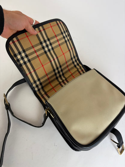 Vintage Burberrys Flap Crossbody Bag c. Late 1980s Black Beige