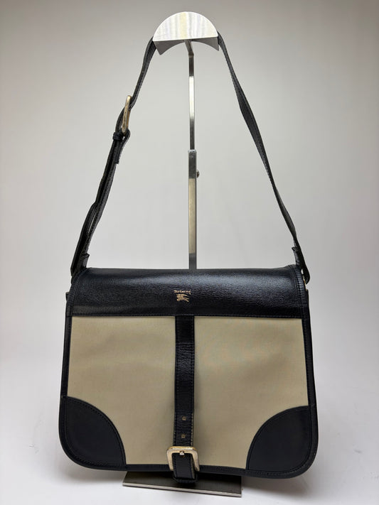 Vintage Burberrys Flap Crossbody Bag c. Late 1980s Black Beige