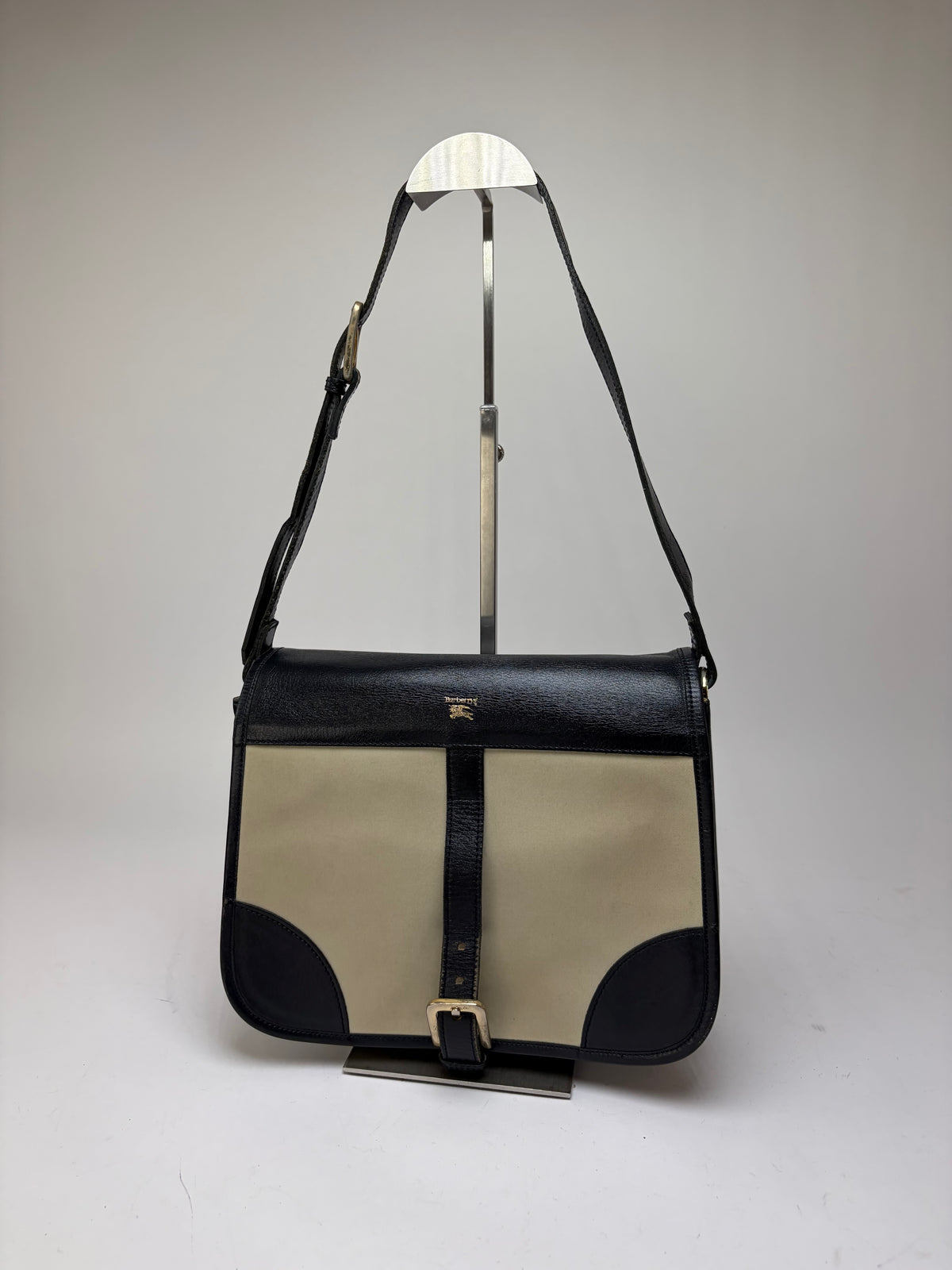 Vintage Burberrys Flap Crossbody Bag c. Late 1980s Black Beige