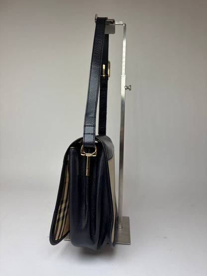 Vintage Burberrys Flap Crossbody Bag c. Late 1980s Black Beige