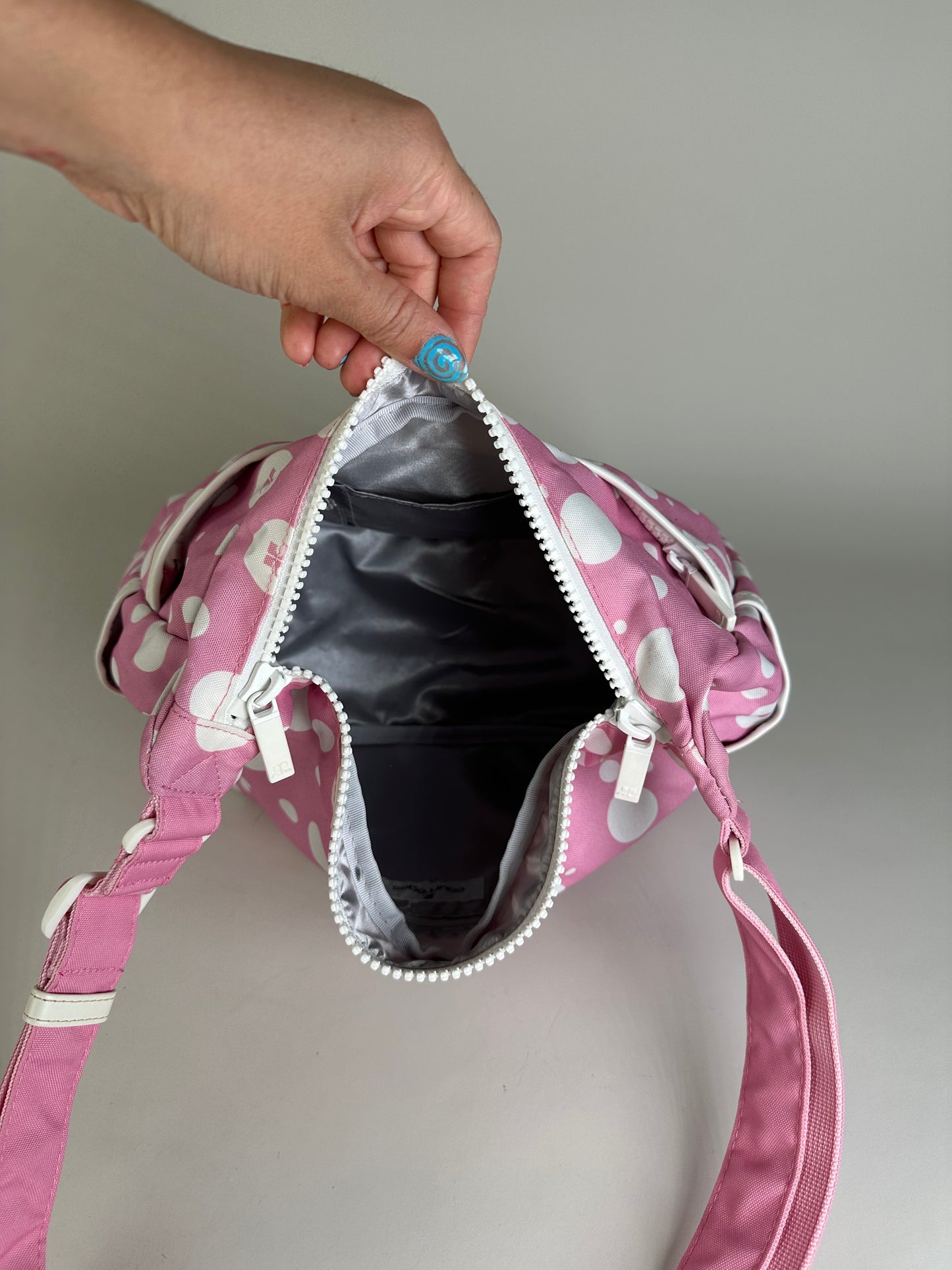 Vintage Courreges Polka Dot Nylon Hobo Bag Pink White