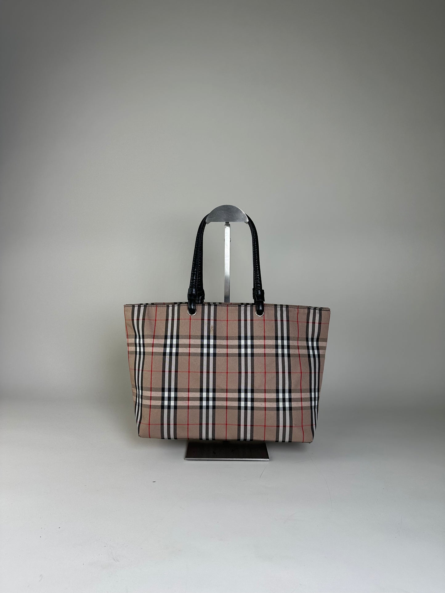 Vintage Burberry Check Canvas Tote Bag Beige Black Red