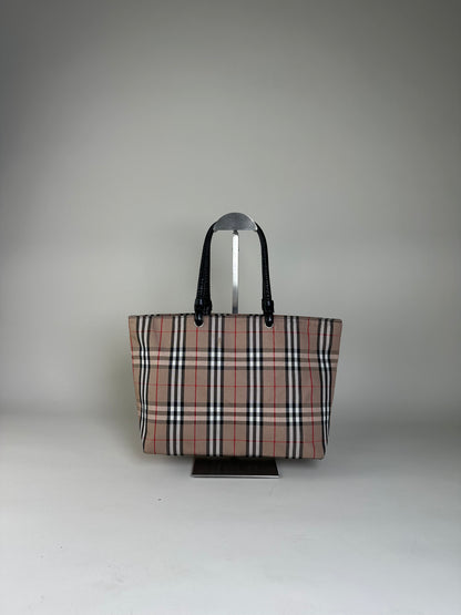 Vintage Burberry Check Canvas Tote Bag Beige Black Red