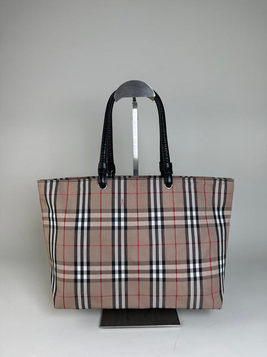 Vintage Burberry Check Canvas Tote Bag Beige Black Red