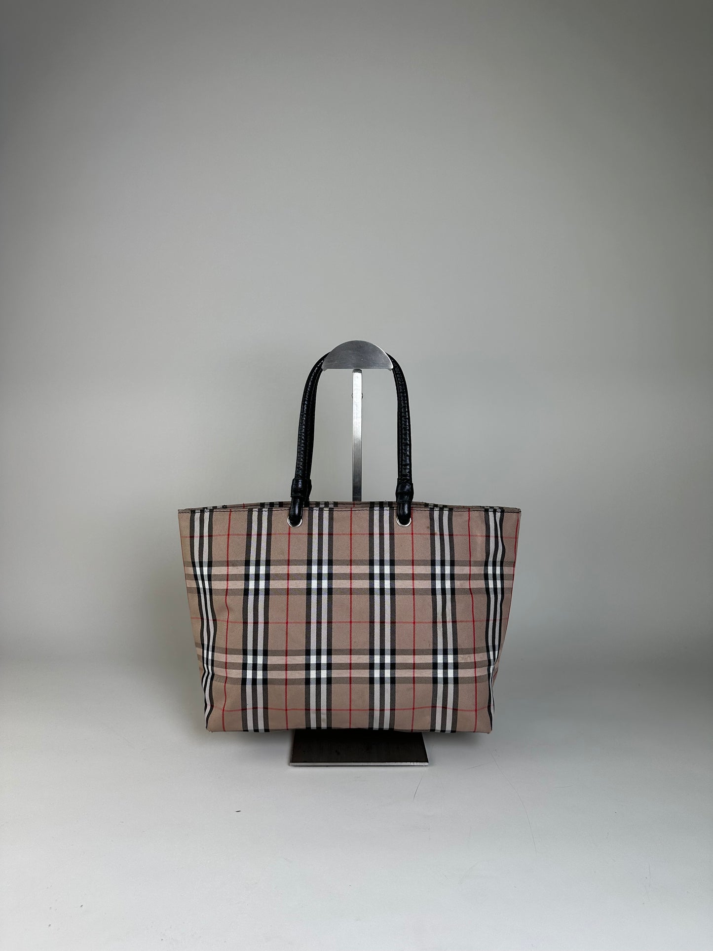 Vintage Burberry Check Canvas Tote Bag Beige Black Red