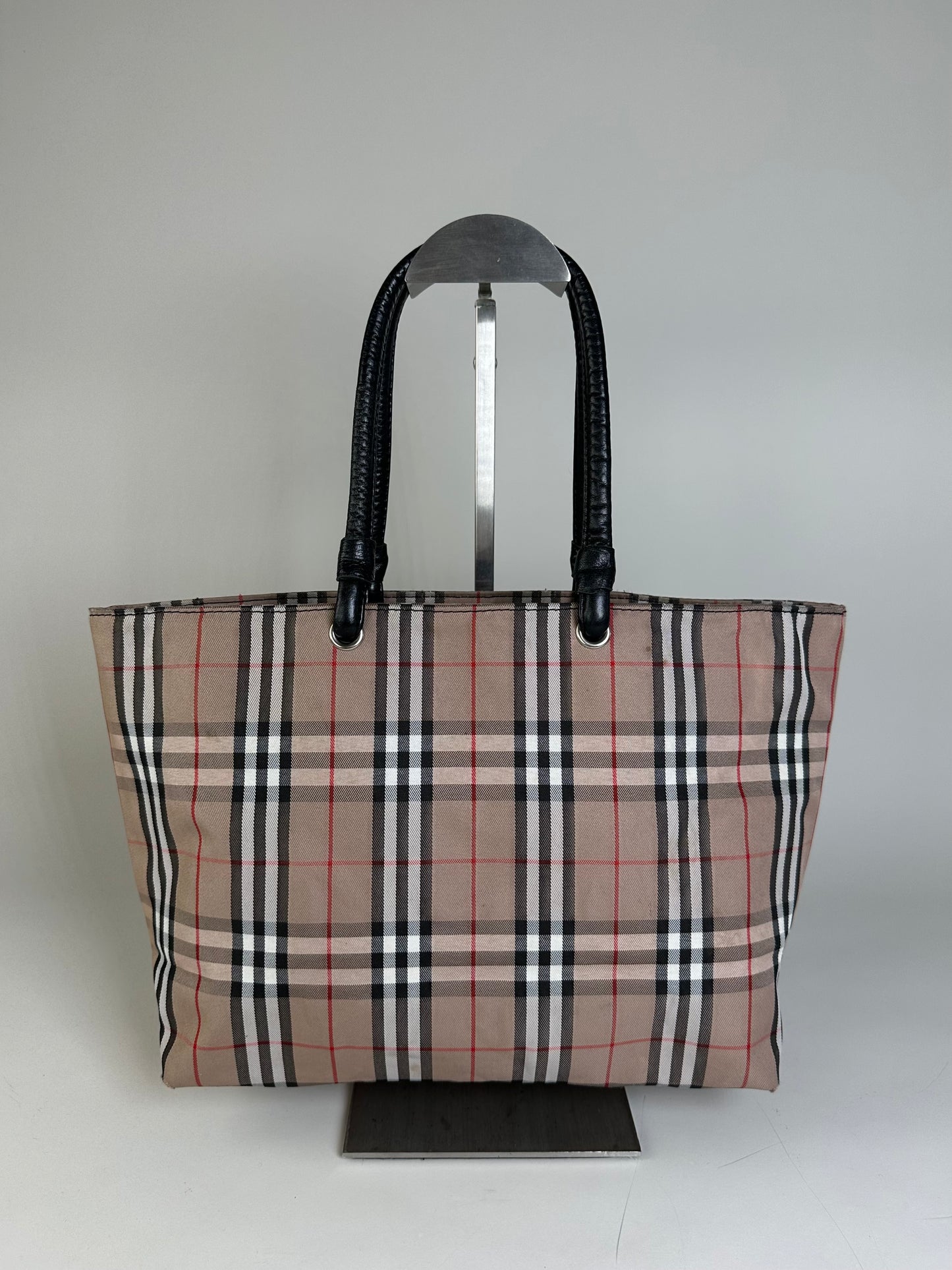 Vintage Burberry Check Canvas Tote Bag Beige Black Red