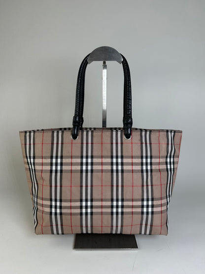 Vintage Burberry Check Canvas Tote Bag Beige Black Red
