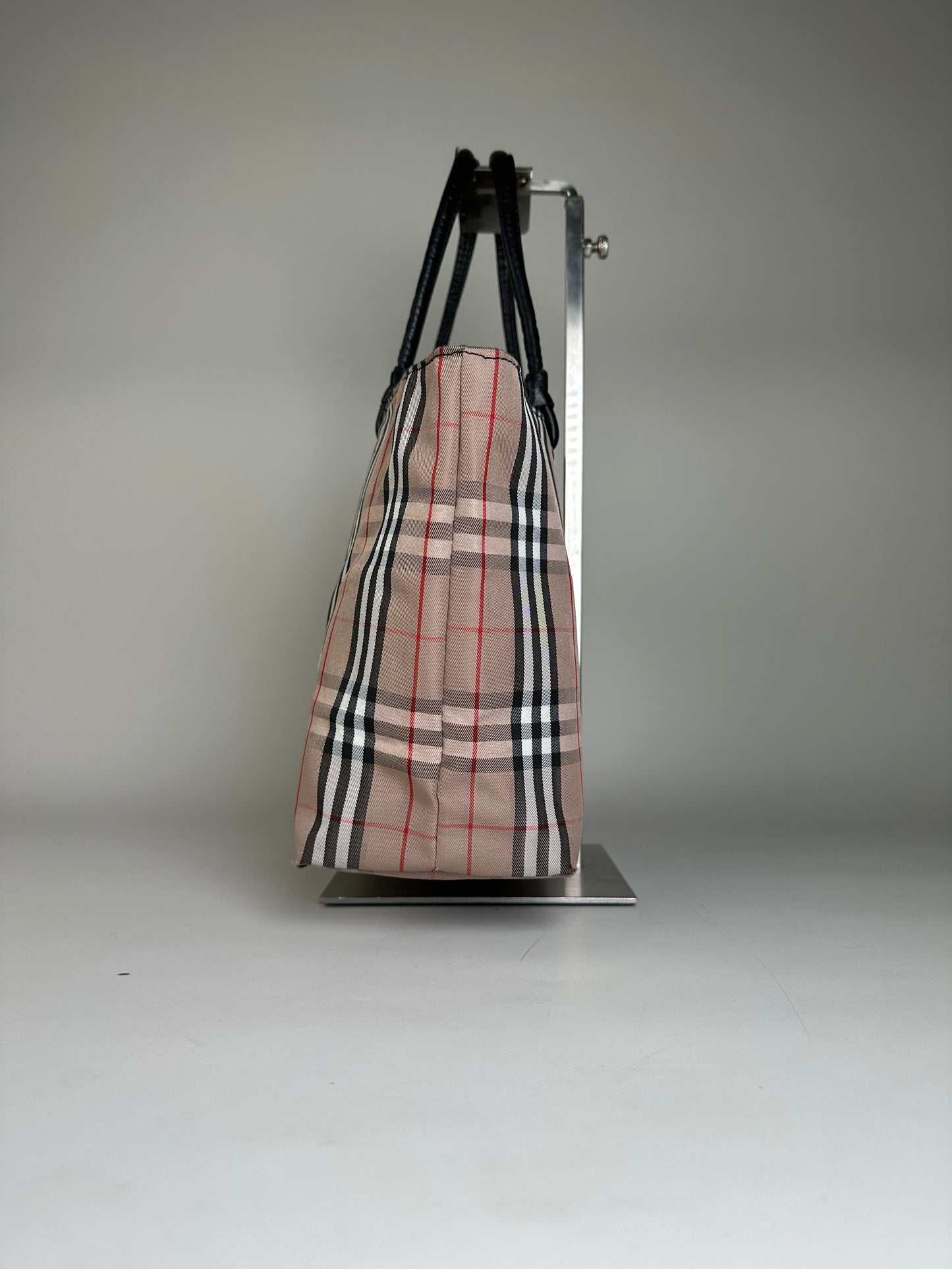 Vintage Burberry Check Canvas Tote Bag Beige Black Red