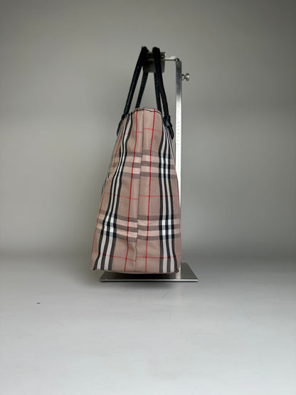 Vintage Burberry Check Canvas Tote Bag Beige Black Red