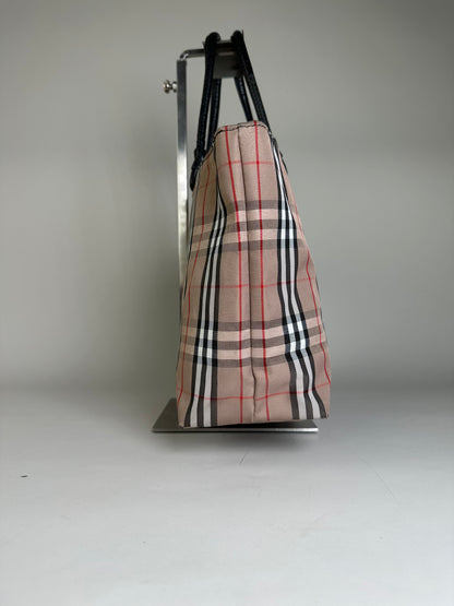 Vintage Burberry Check Canvas Tote Bag Beige Black Red