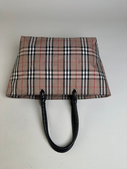 Vintage Burberry Check Canvas Tote Bag Beige Black Red