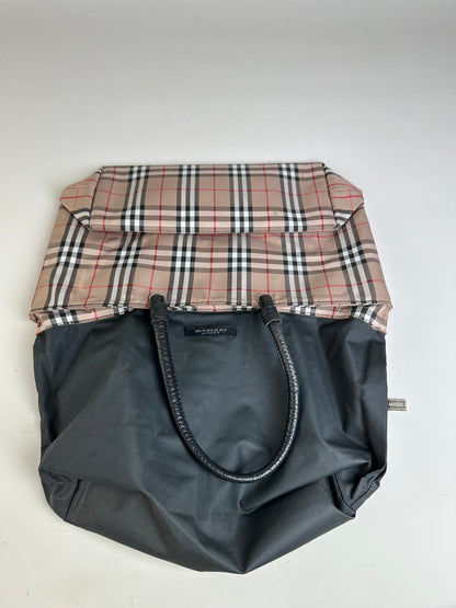 Vintage Burberry Check Canvas Tote Bag Beige Black Red