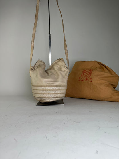 Vintage Loewe Woven Leather Shoulder Bag Cream Gold-Tone