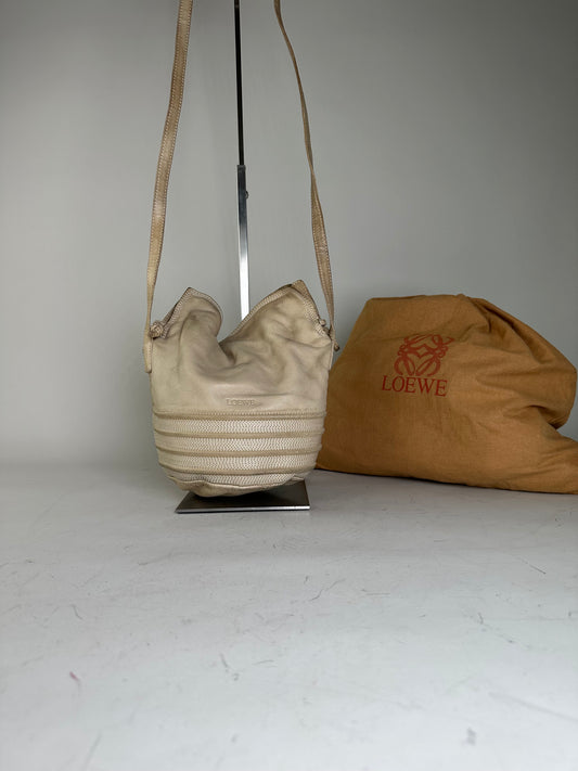 Vintage Loewe Woven Leather Shoulder Bag Cream Gold-Tone