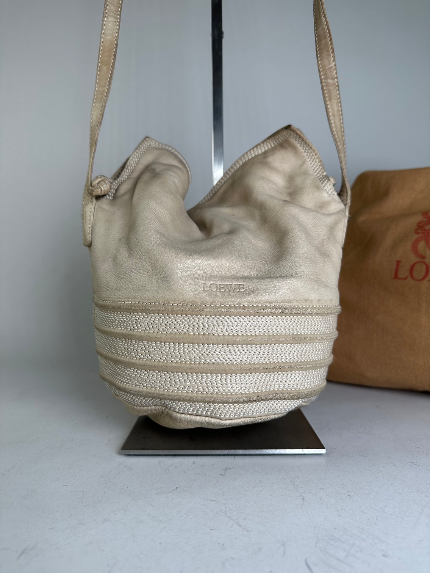 Vintage Loewe Woven Leather Shoulder Bag Cream Gold-Tone