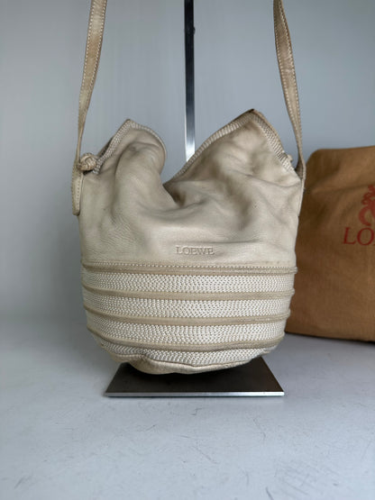 Vintage Loewe Woven Leather Shoulder Bag Cream Gold-Tone