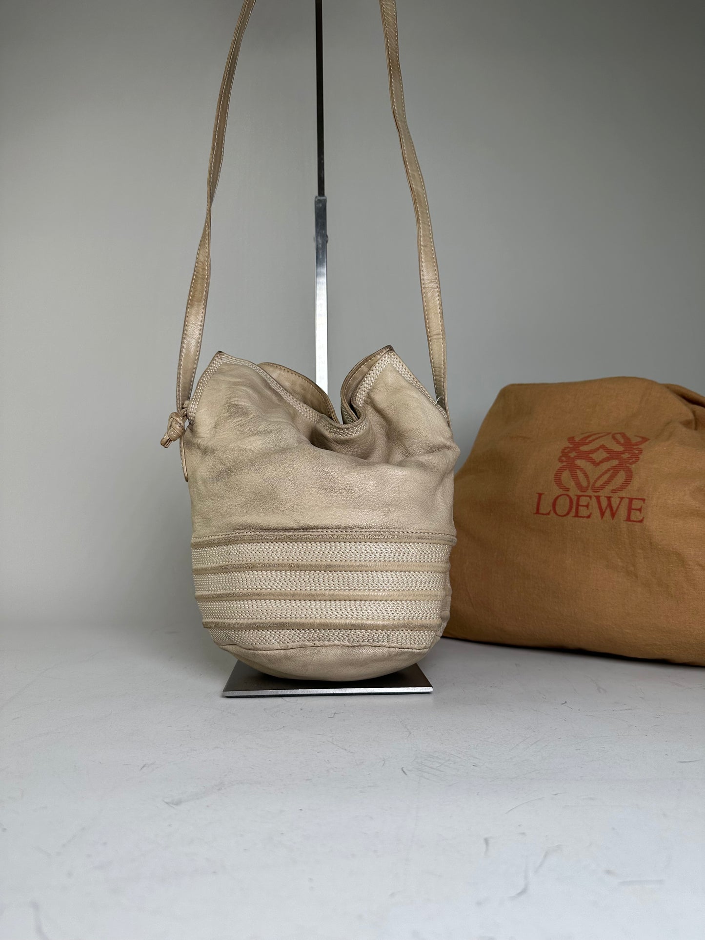 Vintage Loewe Woven Leather Shoulder Bag Cream Gold-Tone
