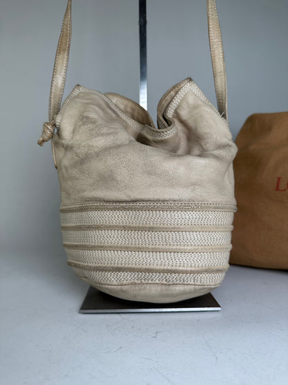 Vintage Loewe Woven Leather Shoulder Bag Cream Gold-Tone