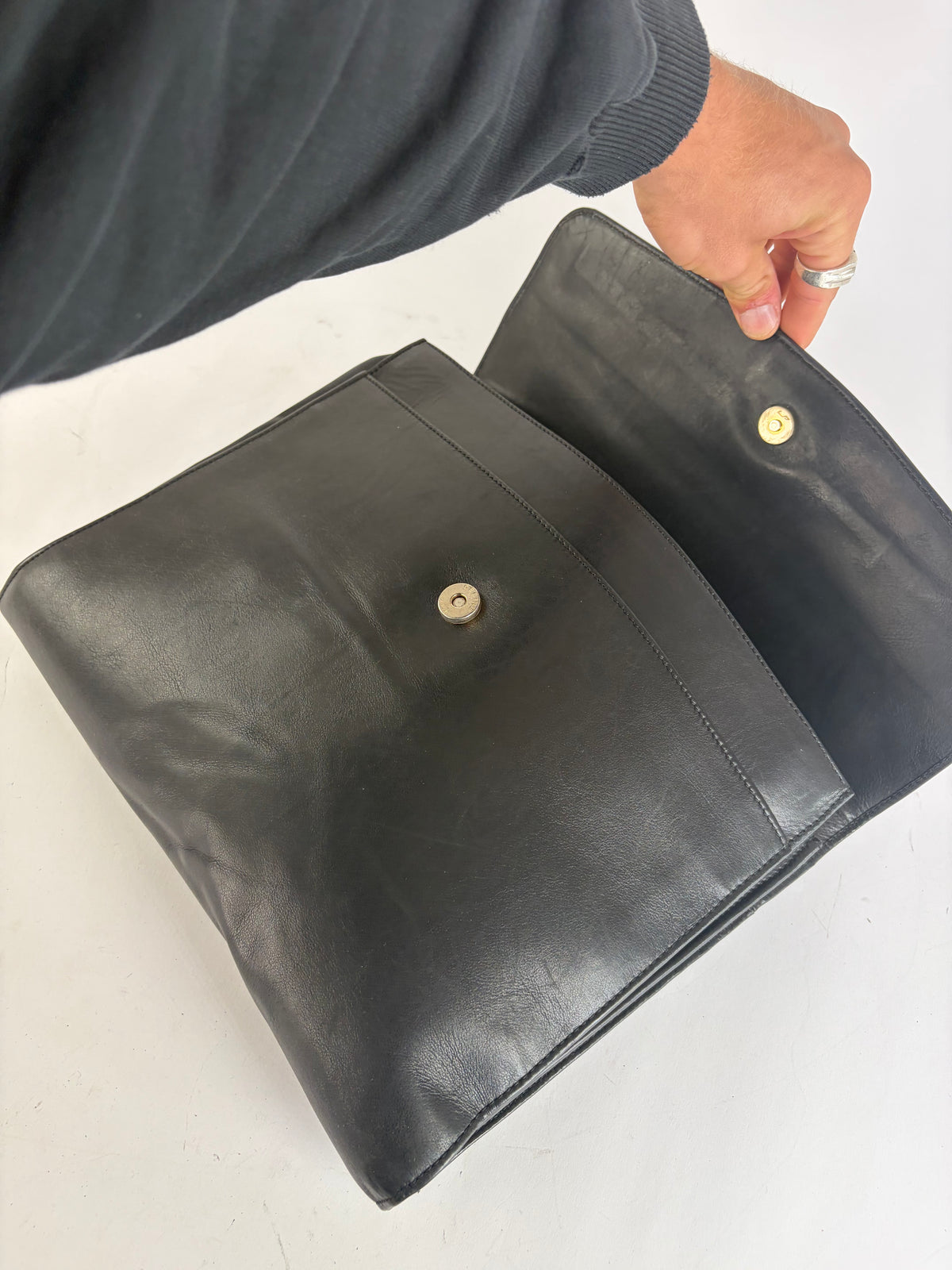 Vintage Celine Triomphe Leather Flap Clutch c. 1992 Black