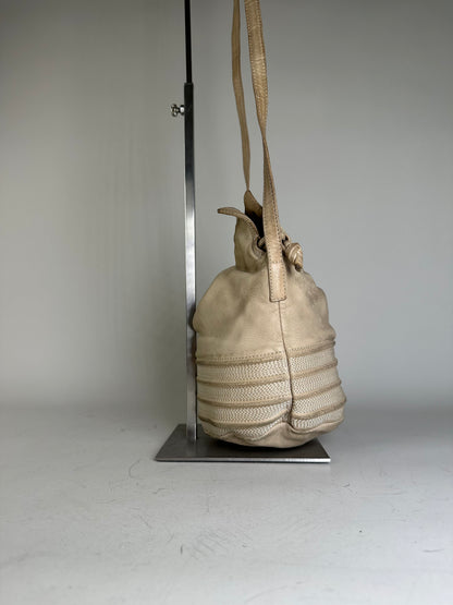Vintage Loewe Woven Leather Shoulder Bag Cream Gold-Tone