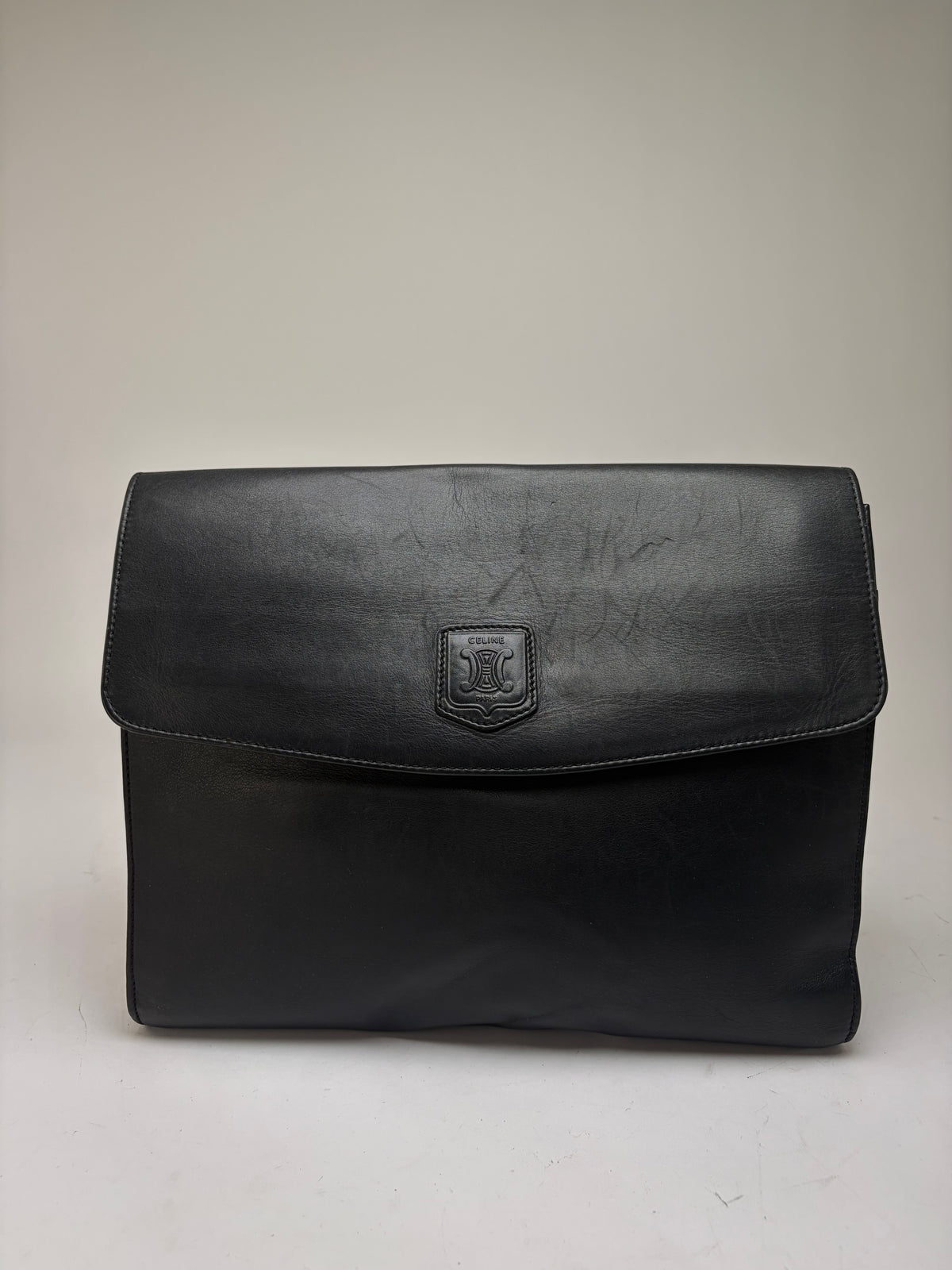 Vintage Celine Triomphe Leather Flap Clutch c. 1992 Black