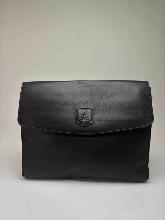 Vintage Celine Triomphe Leather Flap Clutch c. 1992 Black