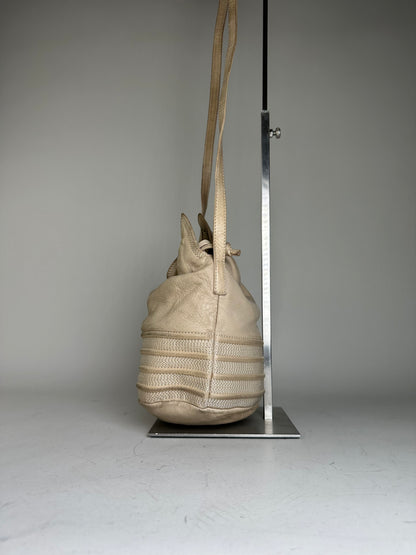 Vintage Loewe Woven Leather Shoulder Bag Cream Gold-Tone