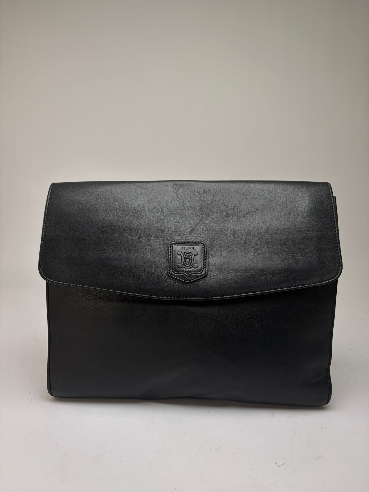 Vintage Celine Triomphe Leather Flap Clutch c. 1992 Black
