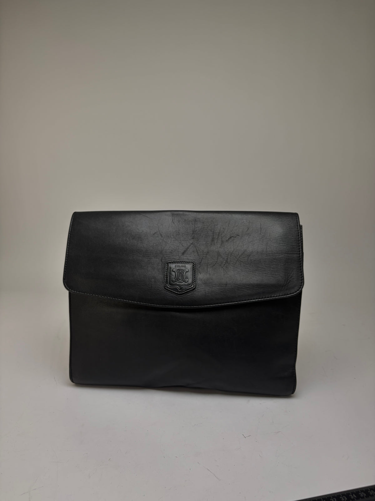 Vintage Celine Triomphe Leather Flap Clutch c. 1992 Black
