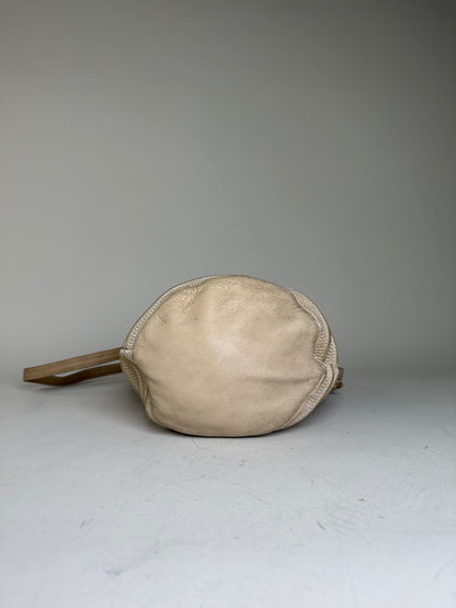 Vintage Loewe Woven Leather Shoulder Bag Cream Gold-Tone