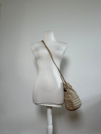 Vintage Loewe Woven Leather Shoulder Bag Cream Gold-Tone