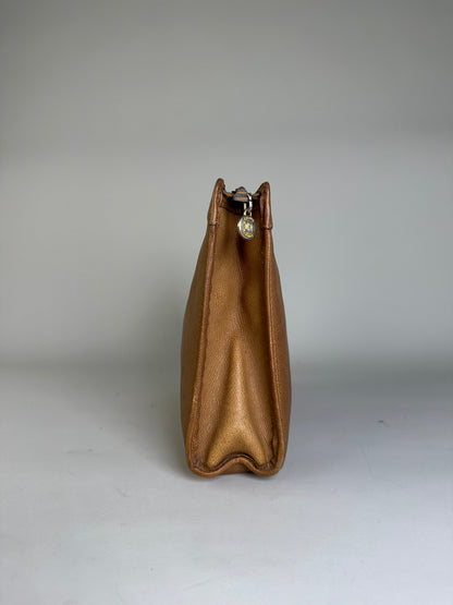 Vintage Celine Textured Leather Clutch Bag Tan Silver