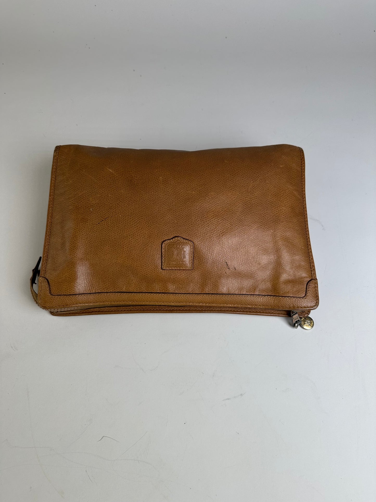 Vintage Celine Textured Leather Clutch Bag Tan Silver