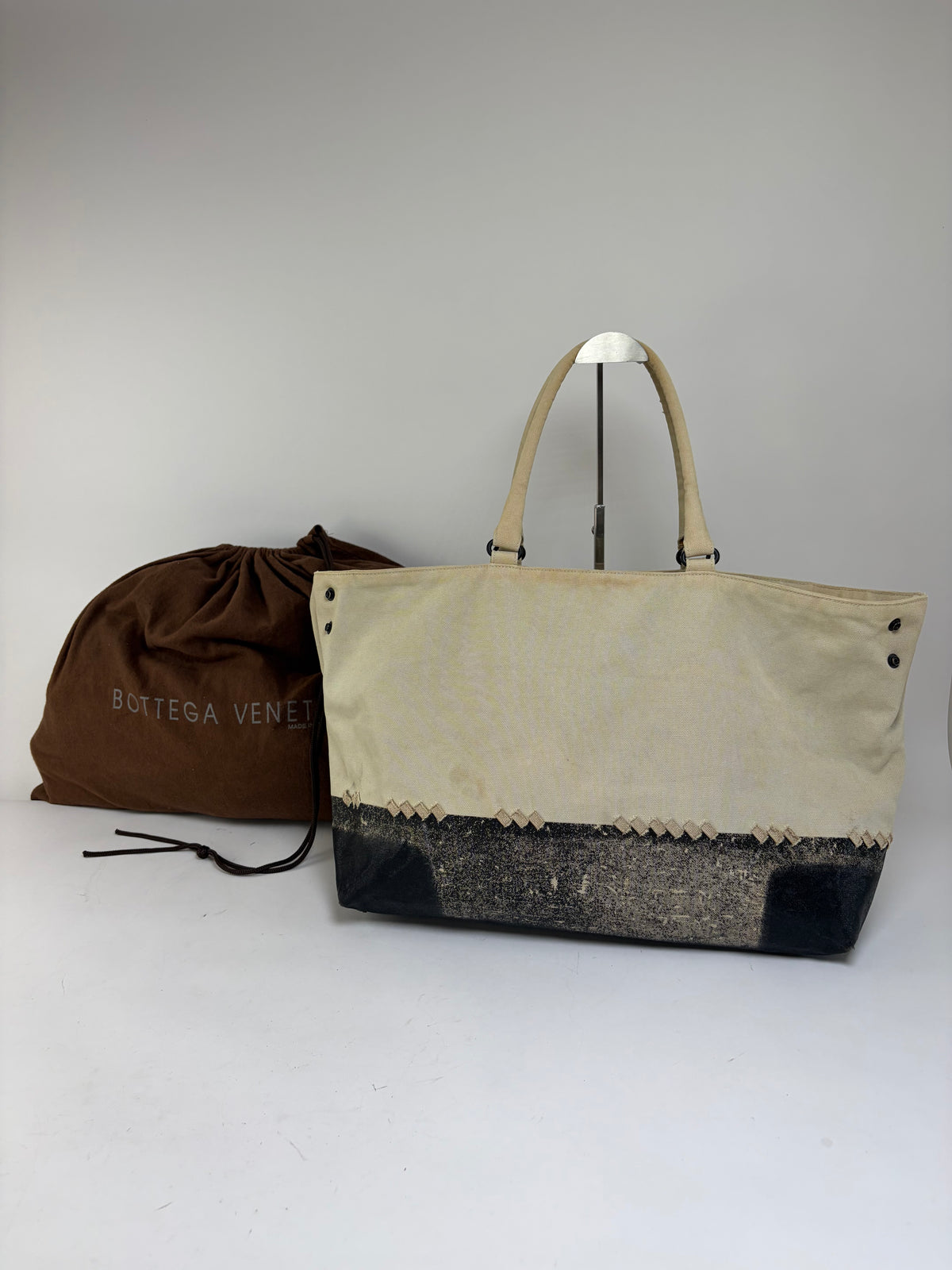 Vintage Bottega Veneta Canvas Leather Trim Tote Beige Black