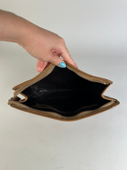 Vintage Celine Textured Leather Clutch Bag Tan Silver