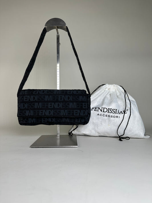 Vintage Fendi Logo Nylon Shoulder Bag Black