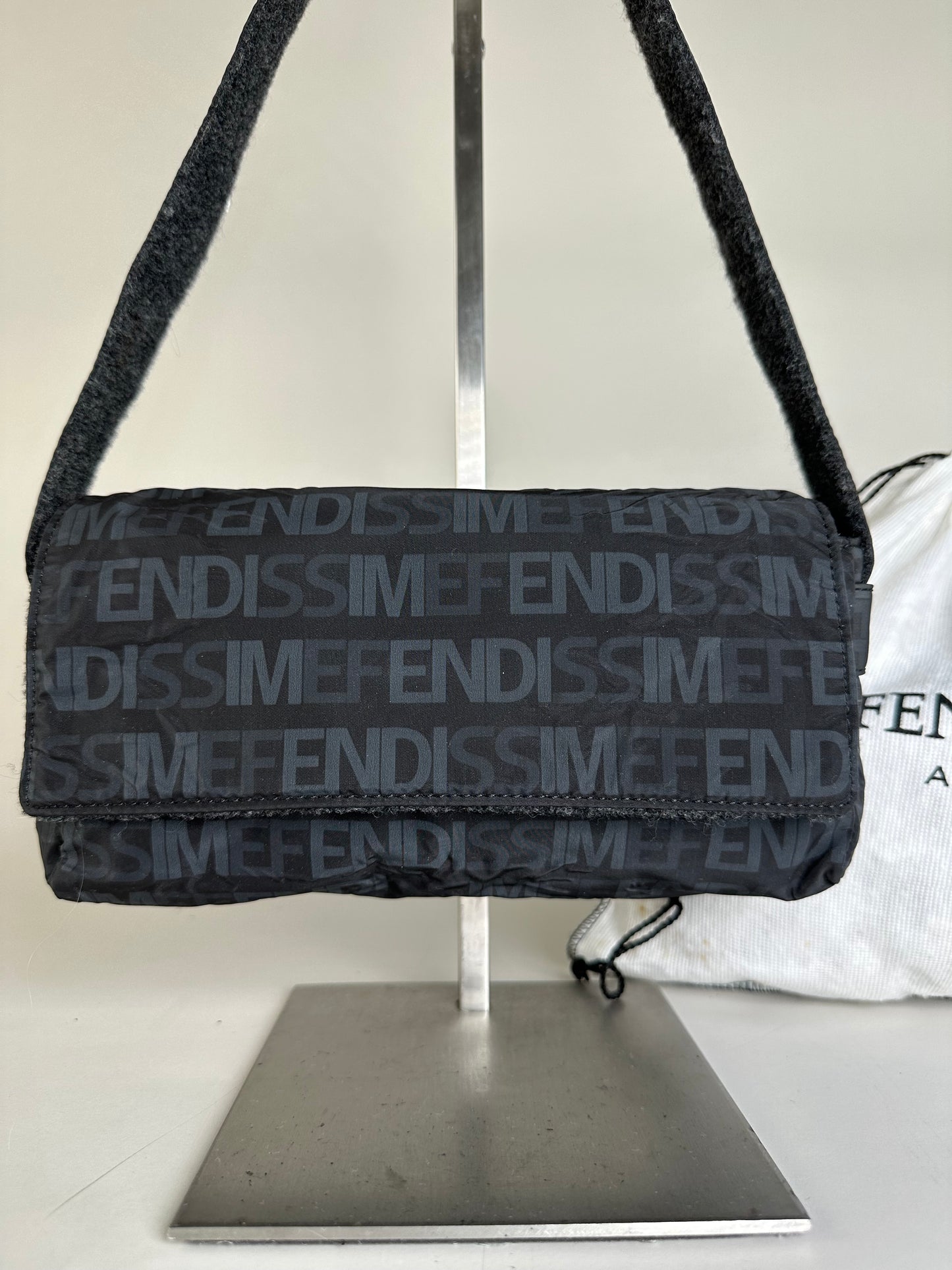 Vintage Fendi Logo Nylon Shoulder Bag Black
