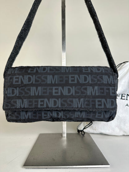 Vintage Fendi Logo Nylon Shoulder Bag Black